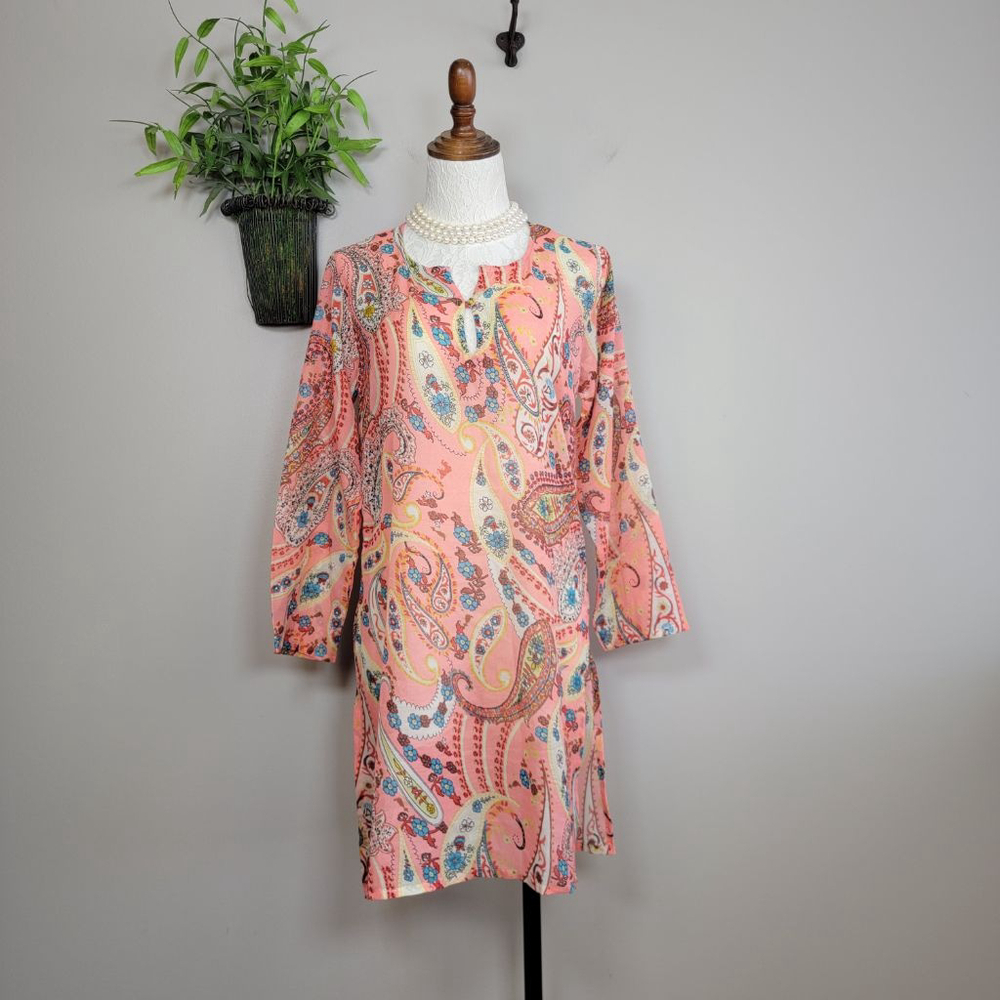 Raj Floral Paisley Sheer 3/4 Sleeve V Neck Tunic Top Cover Up Dress Pink Caren M